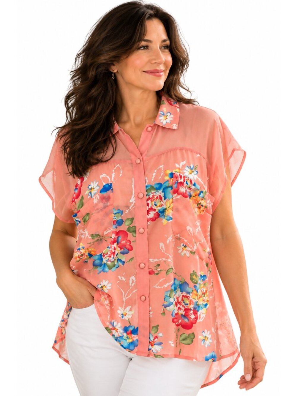 Fashion Blvd Silk Blouse Womens Small OrangeFloral Sheer Boho Cottagecore Top